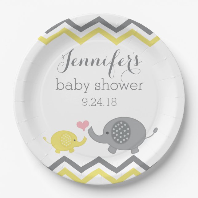 Elephant Baby Shower Plates | Yellow Gray Chevron (Front)
