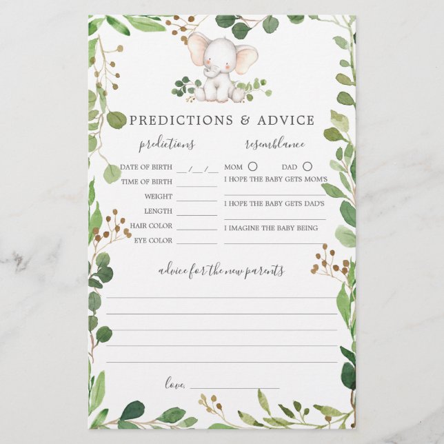Elephant Baby Shower Predictions and Advice (Front)