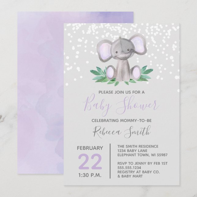 Elephant Baby Shower Purple Watercolor Invitation (Front/Back)