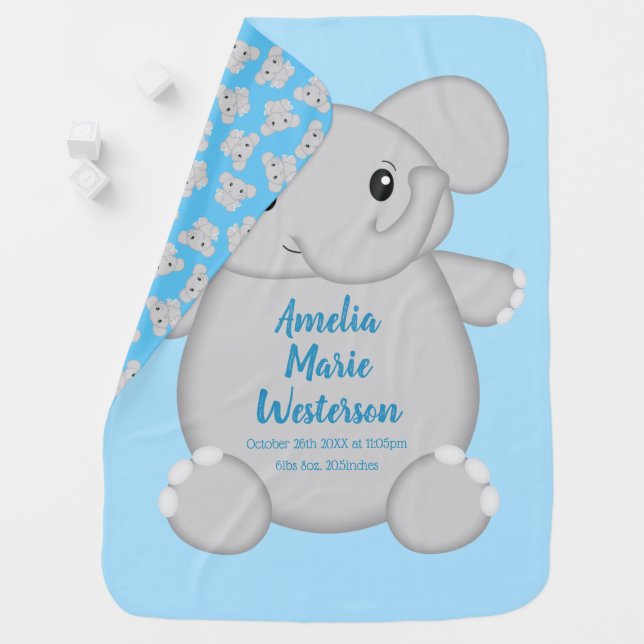 Elephant Baby Shower Safari Blue Boy Baby Blanket (In Situ)