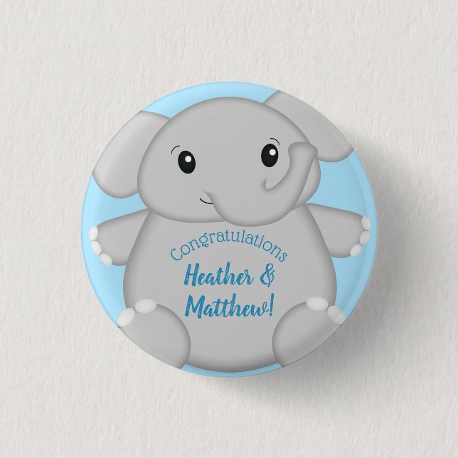Elephant Baby Shower Safari Blue Boy Button (Front)