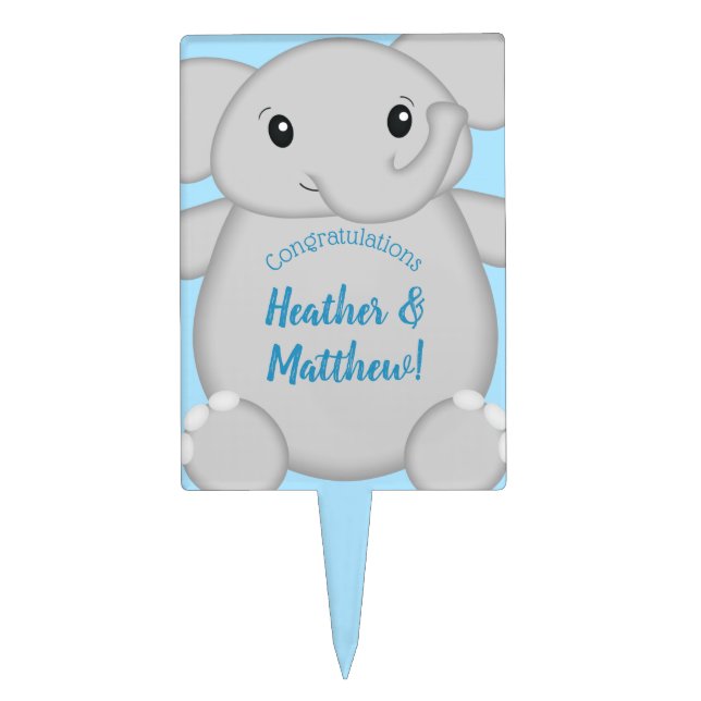 Elephant Baby Shower Safari Blue Boy Cake Topper (Front)