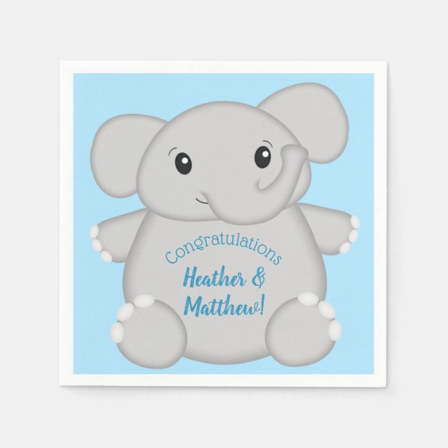 Elephant Baby Shower Safari Blue Boy Napkins (Front)
