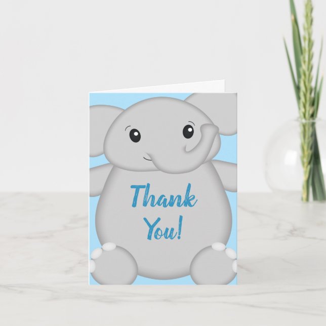 Elephant Baby Shower Safari Blue Boy Thank You Card (Front)