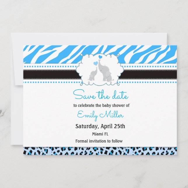 Elephant baby shower save the date blue black (Front)