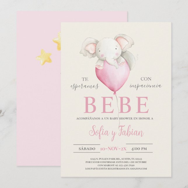 Elephant Baby Shower Spanish Invitation (Front/Back)