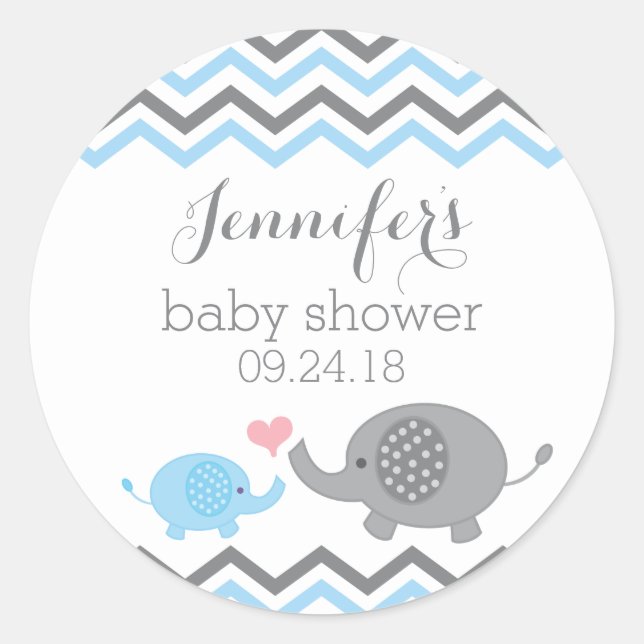 Elephant Baby Shower Stickers | Blue Gray Chevron (Front)