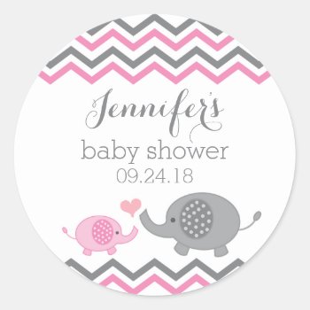 Elephant Baby Shower Stickers | Pink Gray Chevron by weddingsnwhimsy at Zazzle