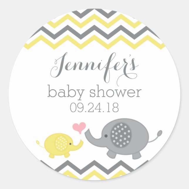 Elephant Baby Shower Stickers Yellow Gray Chevron (Front)