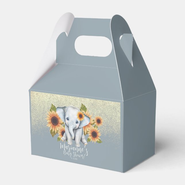 Elephant Baby Shower Sunflower Glitter Dusty Blue Favor Boxes (Front Side)