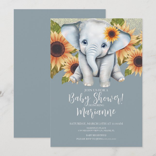 Elephant Baby Shower Sunflower Glitter Dusty Blue Invitation (Front/Back)