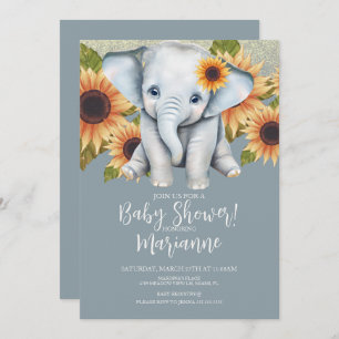 Elephant Baby Shower Sunflower Glitter Dusty Blue Invitation