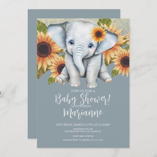 Elephant Baby Shower Sunflower Glitter Dusty Blue Invitation