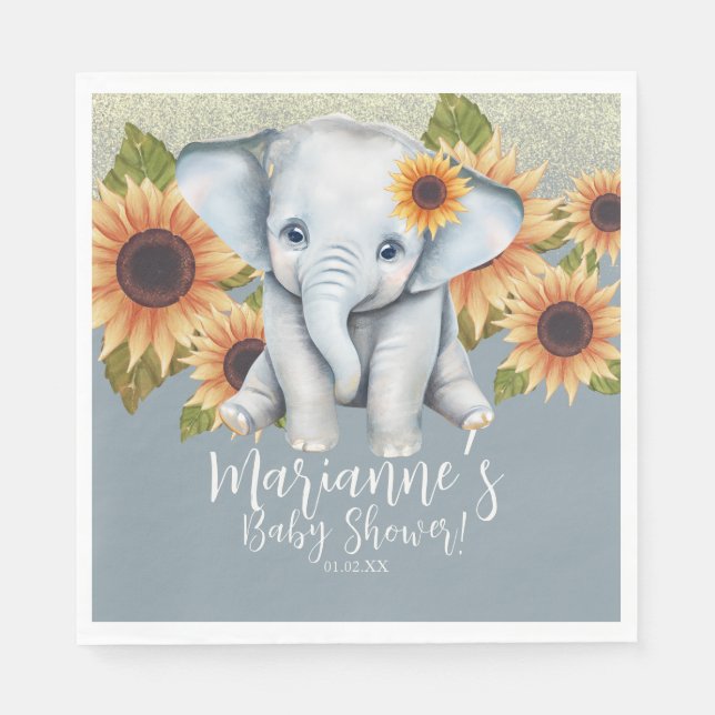 Elephant Baby Shower Sunflower Glitter Dusty Blue Napkins (Front)