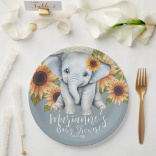 Elephant Baby Shower Sunflower Glitter Dusty Blue Paper Plates