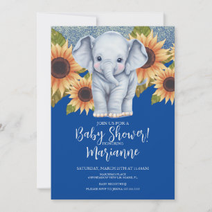 Elephant Baby Shower Sunflowers Glitter Blue Invitation