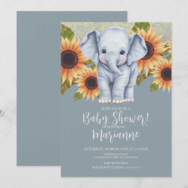 Elephant Baby Shower Sunflowers Glitter Dusty Blue Invitation (Front/Back)