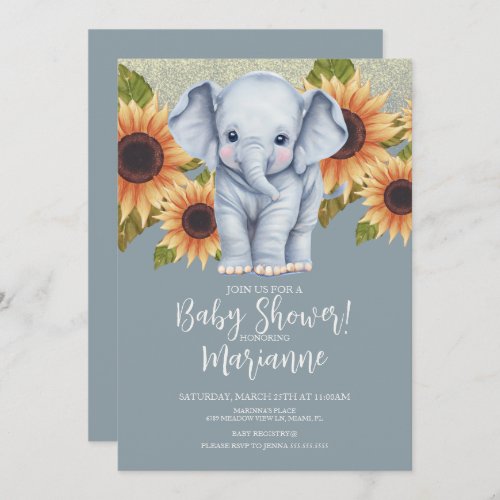 Elephant Baby Shower Sunflowers Glitter Dusty Blue Invitation