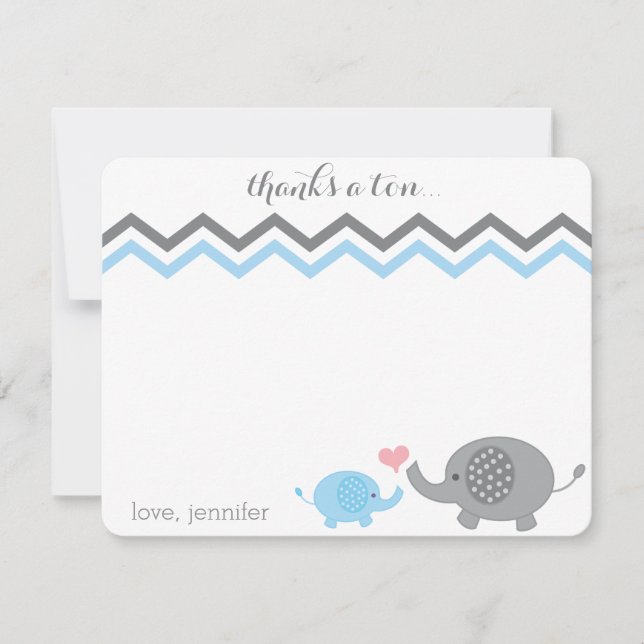 Elephant Baby Shower Thank You Blue Gray Chevron Note Card (Front)