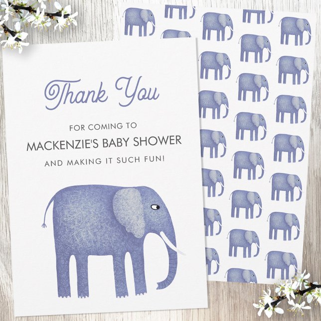 Elephant Baby Shower Thank You Card (Blue elephant baby shower thank you card)
