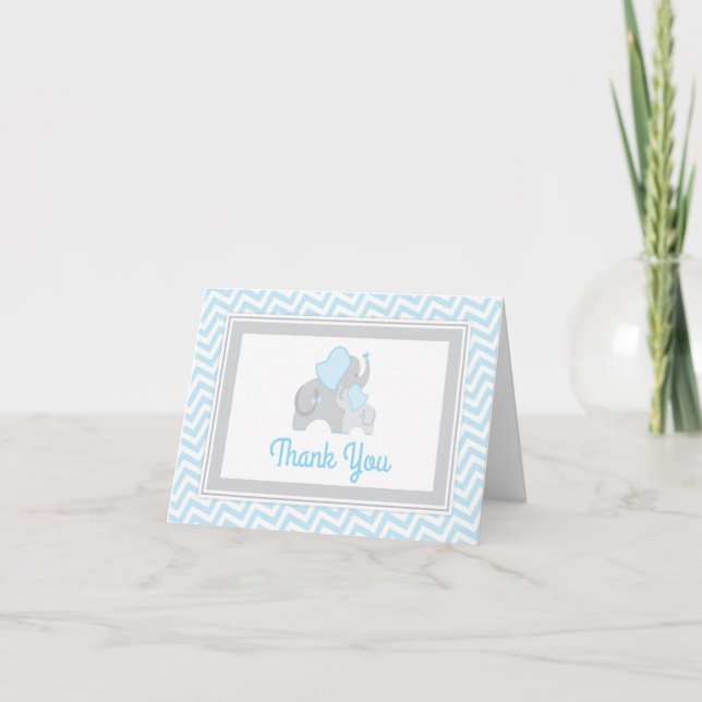 Elephant Baby Shower Thank You Card Blue and Gray (Front)