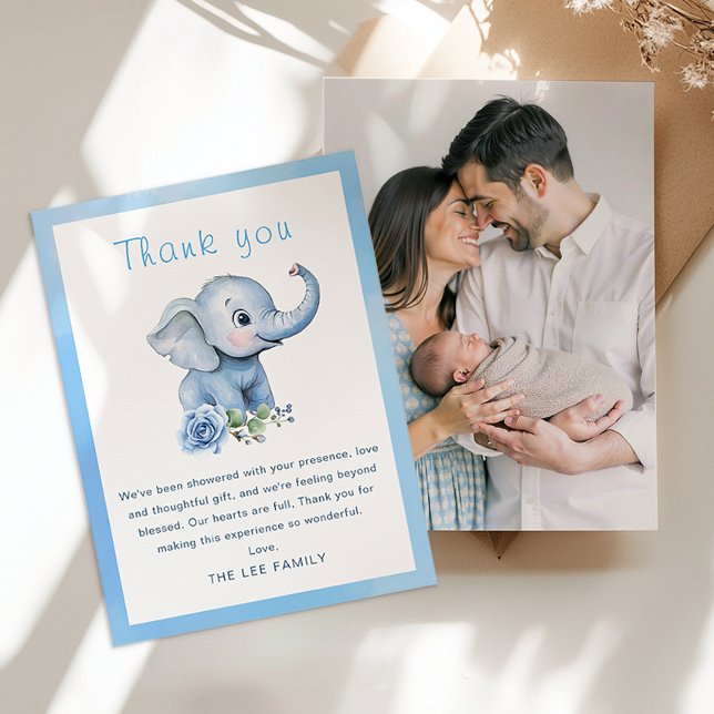 Elephant Baby Shower Thank You Card – Blue Waterco (Photo Thank You Card)