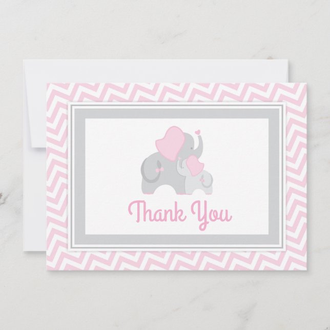 Elephant Baby Shower Thank You Card Pink and Gray (Front)