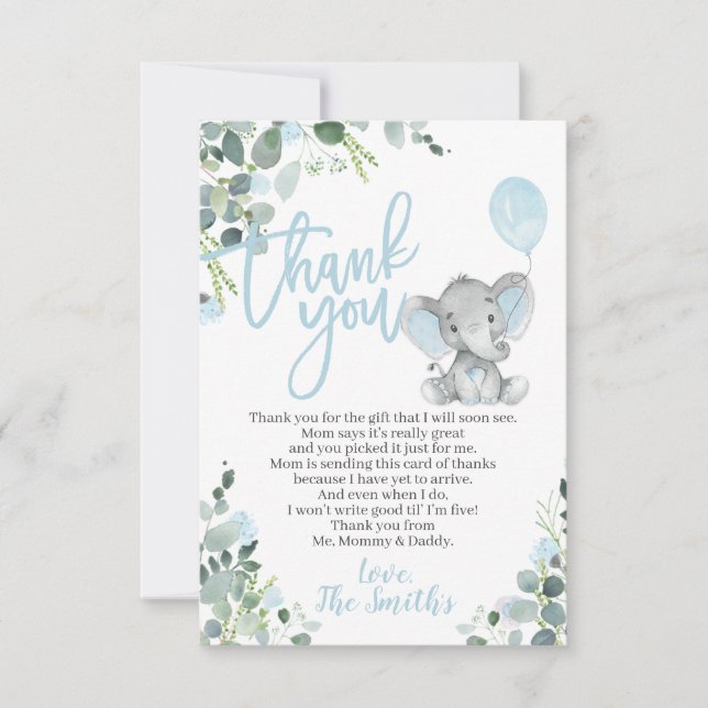 Elephant Baby Shower Thank You Cards for a Boy (Front)