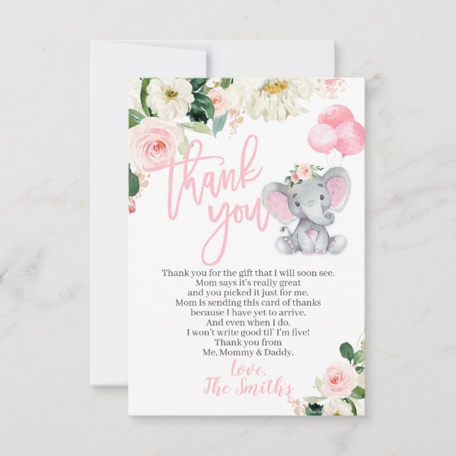 Elephant Baby Shower Thank You Cards for a Girl (Front)