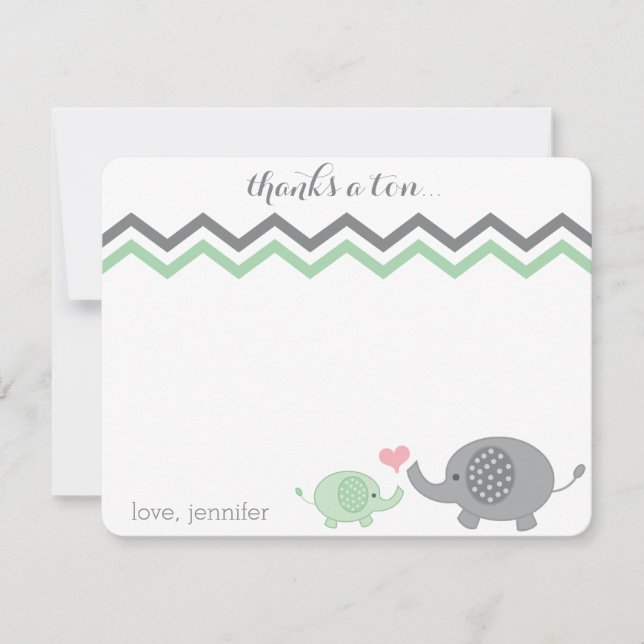 Elephant Baby Shower Thank You Green Gray Chevron Note Card (Front)