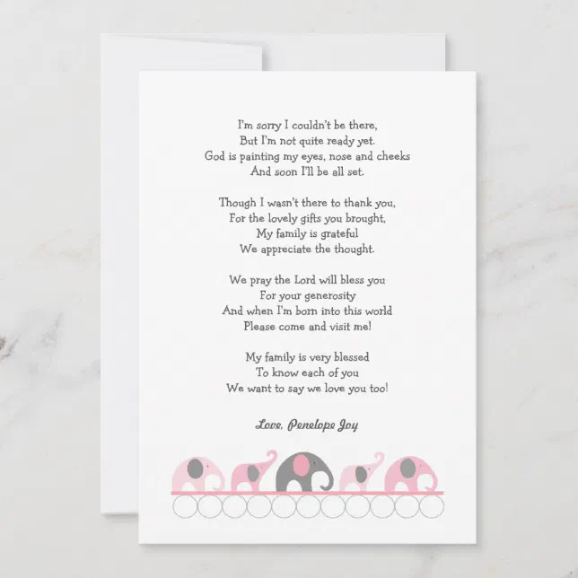 Elephant baby shower thank you notes / pink grey Zazzle