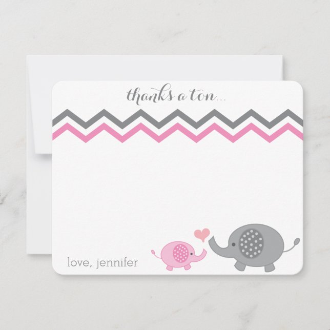 Elephant Baby Shower Thank You Pink Gray Chevron Note Card (Front)