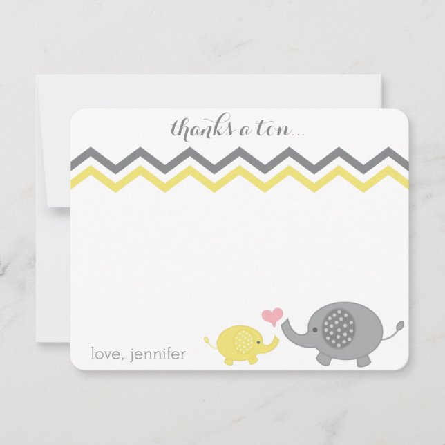 Elephant Baby Shower Thank You Yellow Gray Chevron Note Card (Front)