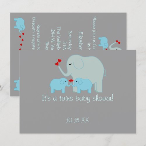 Elephant Baby Shower Twin Boys Invitation