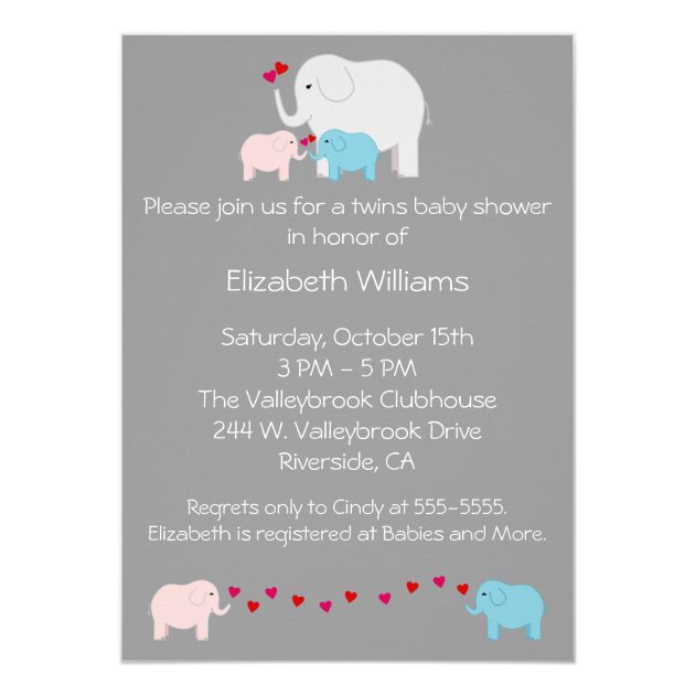Elephant Baby Shower Twins Boy Girl Invitation