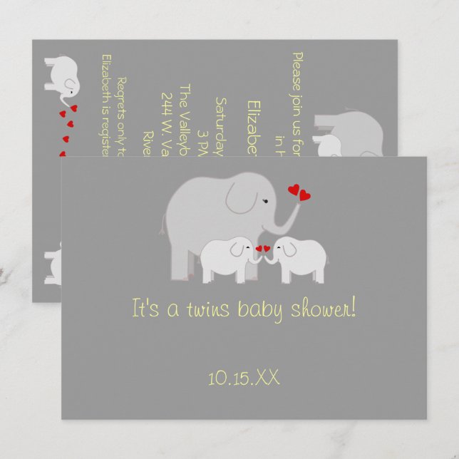 Elephant Baby Shower Twins Gender Neutral Invitation (Front/Back)