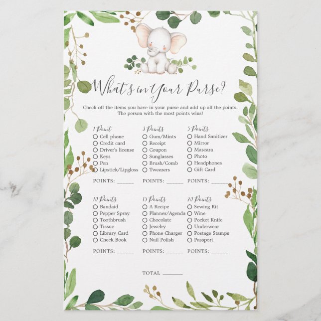 Elephant Baby Shower What's in Your Purse (Front)