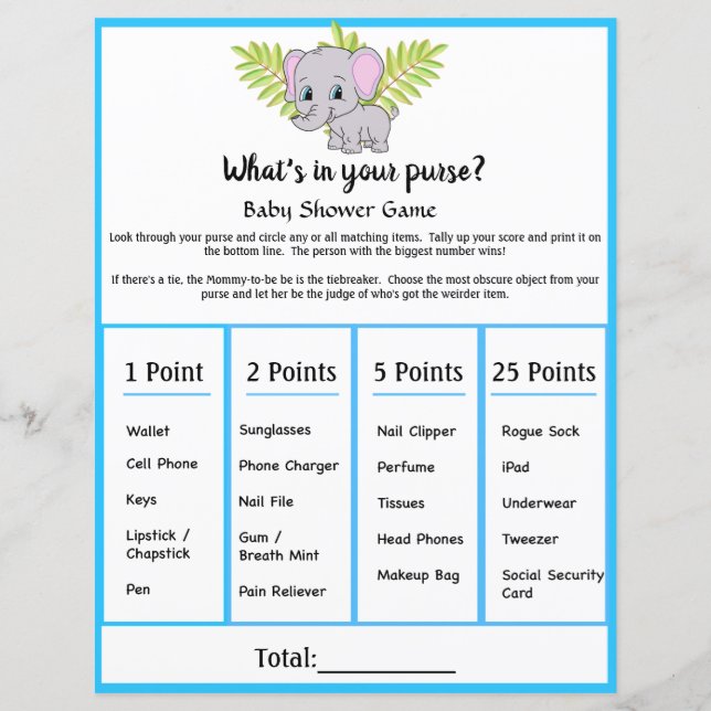 Elephant Baby Shower Whats In Your Purse Game (Front)