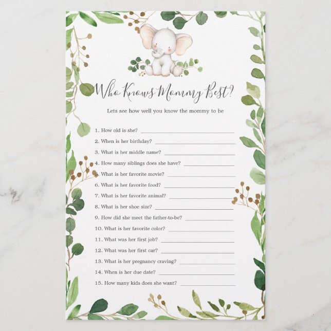 Elephant Baby Shower Who Knows Mommy Best (Front)