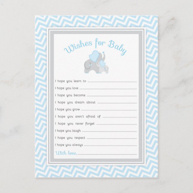 Elephant Baby Shower Wishes for Baby in Blue Gray Advice Card (Front)