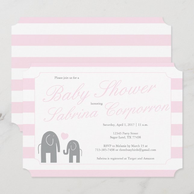 Elephant Baby Shower with Stripes - Light Pink Invitation (Front/Back)