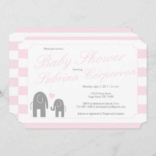 Elephant Baby Shower with Stripes _ Light Pink Invitation