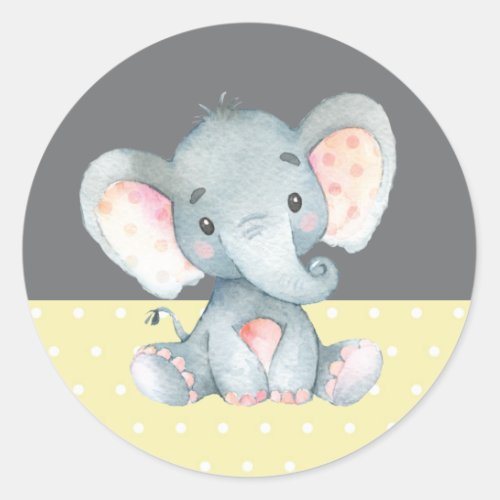 Elephant Baby Shower Yellow and Gray Classic Round Sticker