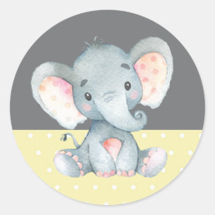 Elephant Baby Shower Yellow and Gray Classic Round Sticker