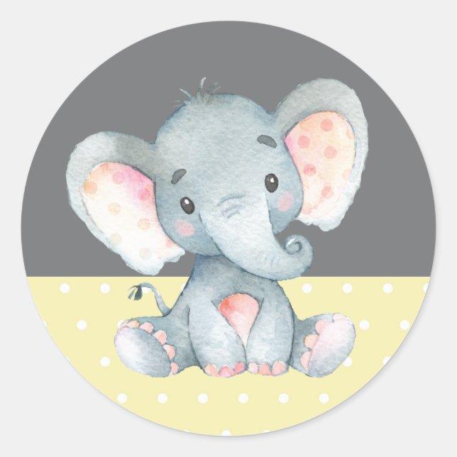 Elephant Baby Shower Yellow and Gray Classic Round Sticker (Front)
