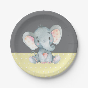 Elephant Baby Shower Yellow and Gray Paper Plates