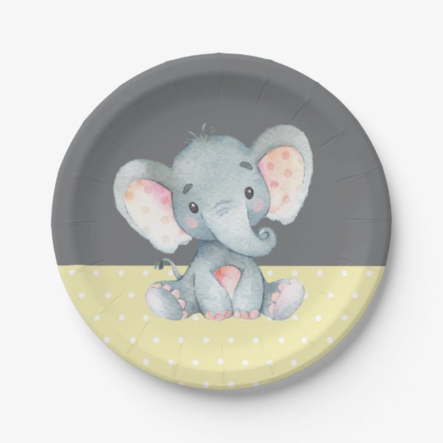 Elephant Baby Shower Yellow and Gray Paper Plates (Front)