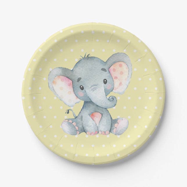 Elephant Baby Shower Yellow Paper Plate (Front)