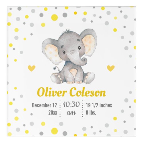 Elephant Baby Stats Yellow Gray Polka Dot Nursery Acrylic Print