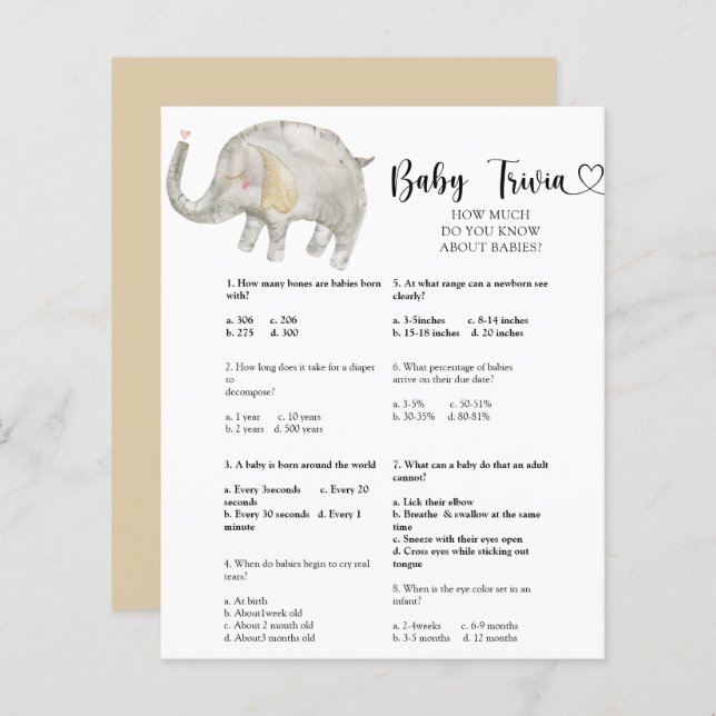 Elephant Baby Trivia | Baby Shower Game (Front/Back)